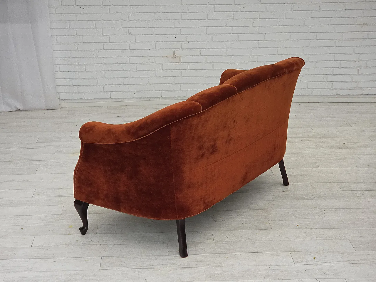 1950s, Danish 2-seater sofa, furniture velour, oak wood legs. 13