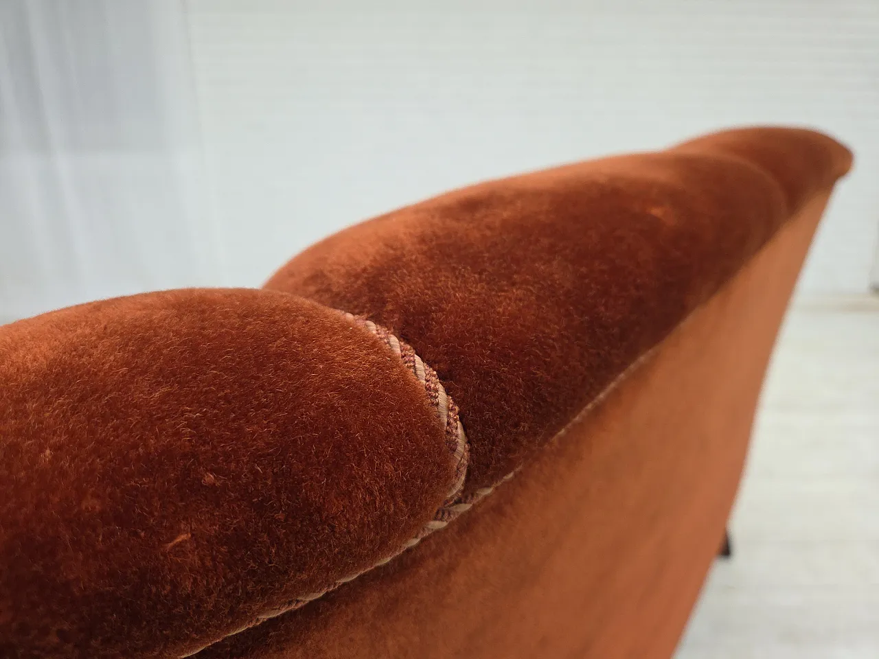 1950s, Danish 2-seater sofa, furniture velour, oak wood legs. 14