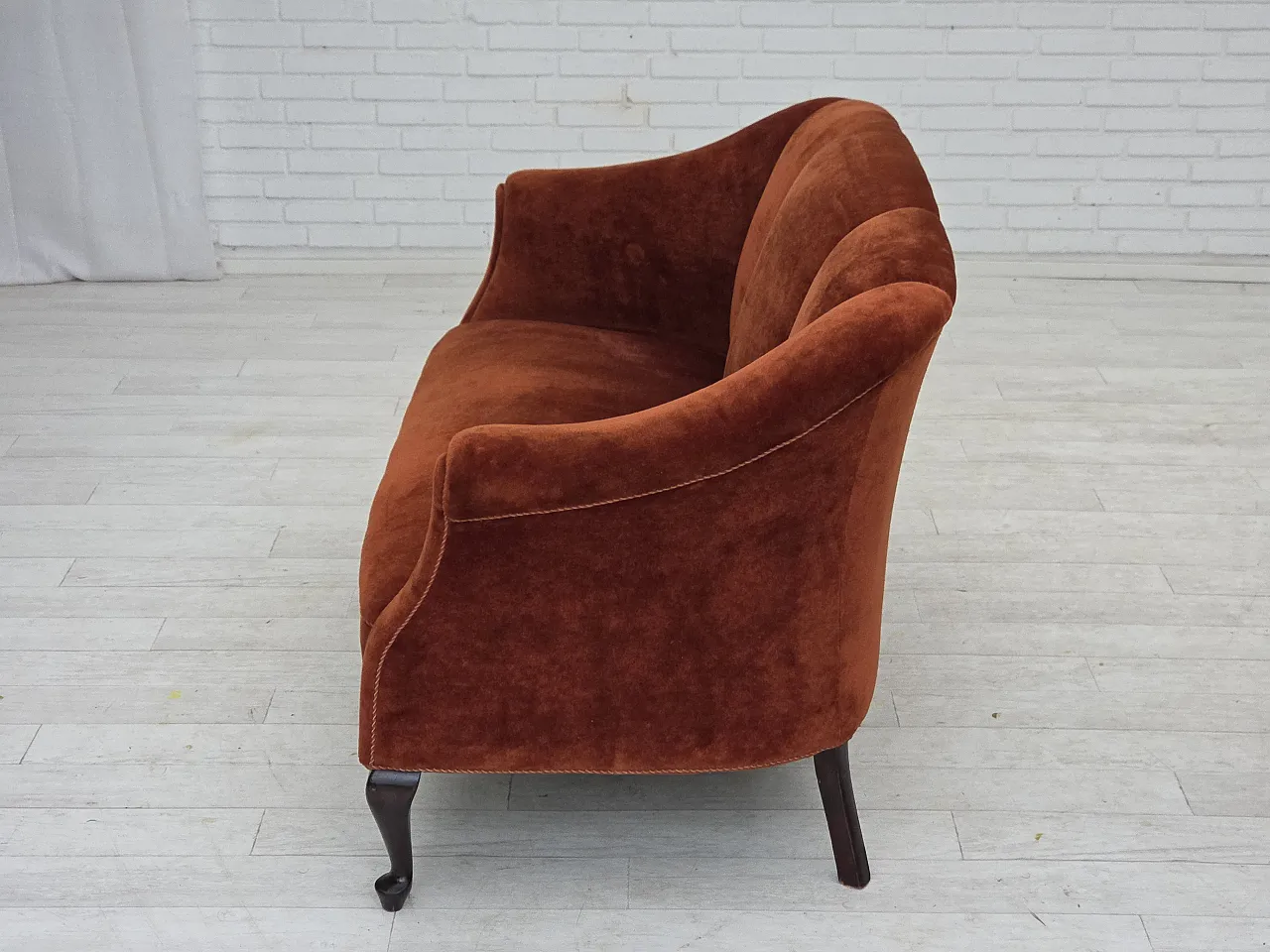 1950s, Danish 2-seater sofa, furniture velour, oak wood legs. 15