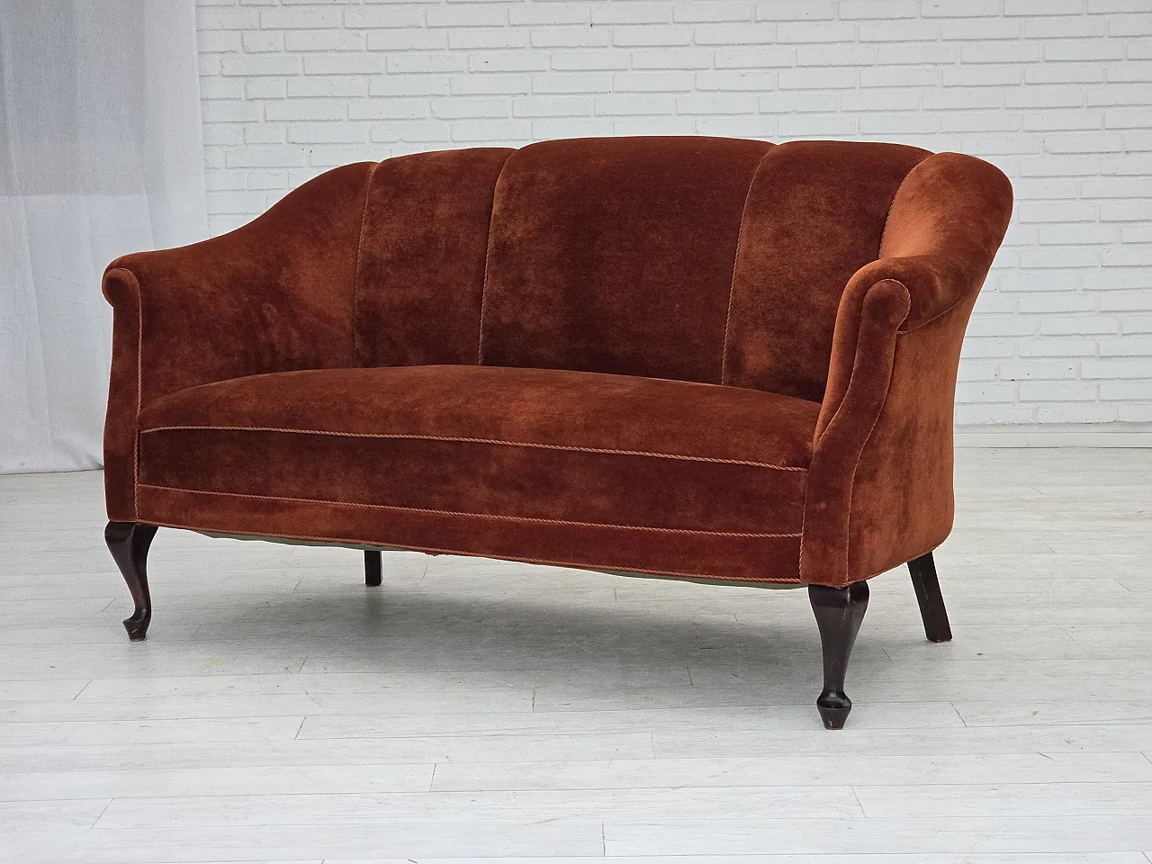 1950s, Danish 2-seater sofa, furniture velour, oak wood legs. 16
