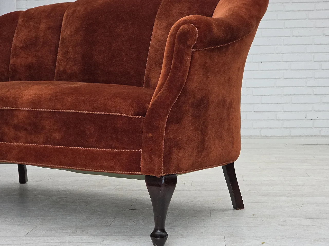 1950s, Danish 2-seater sofa, furniture velour, oak wood legs. 17