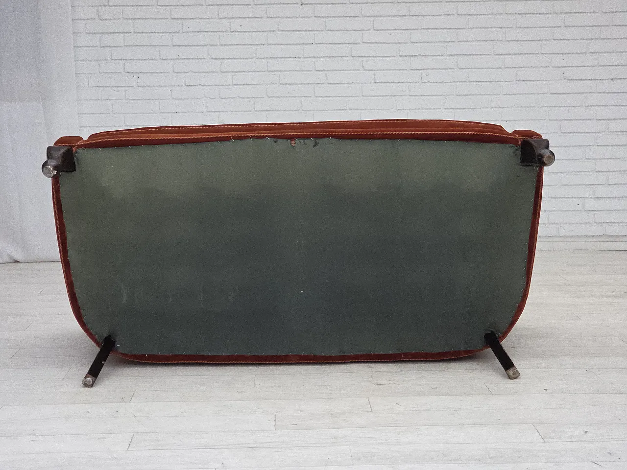 1950s, Danish 2-seater sofa, furniture velour, oak wood legs. 18