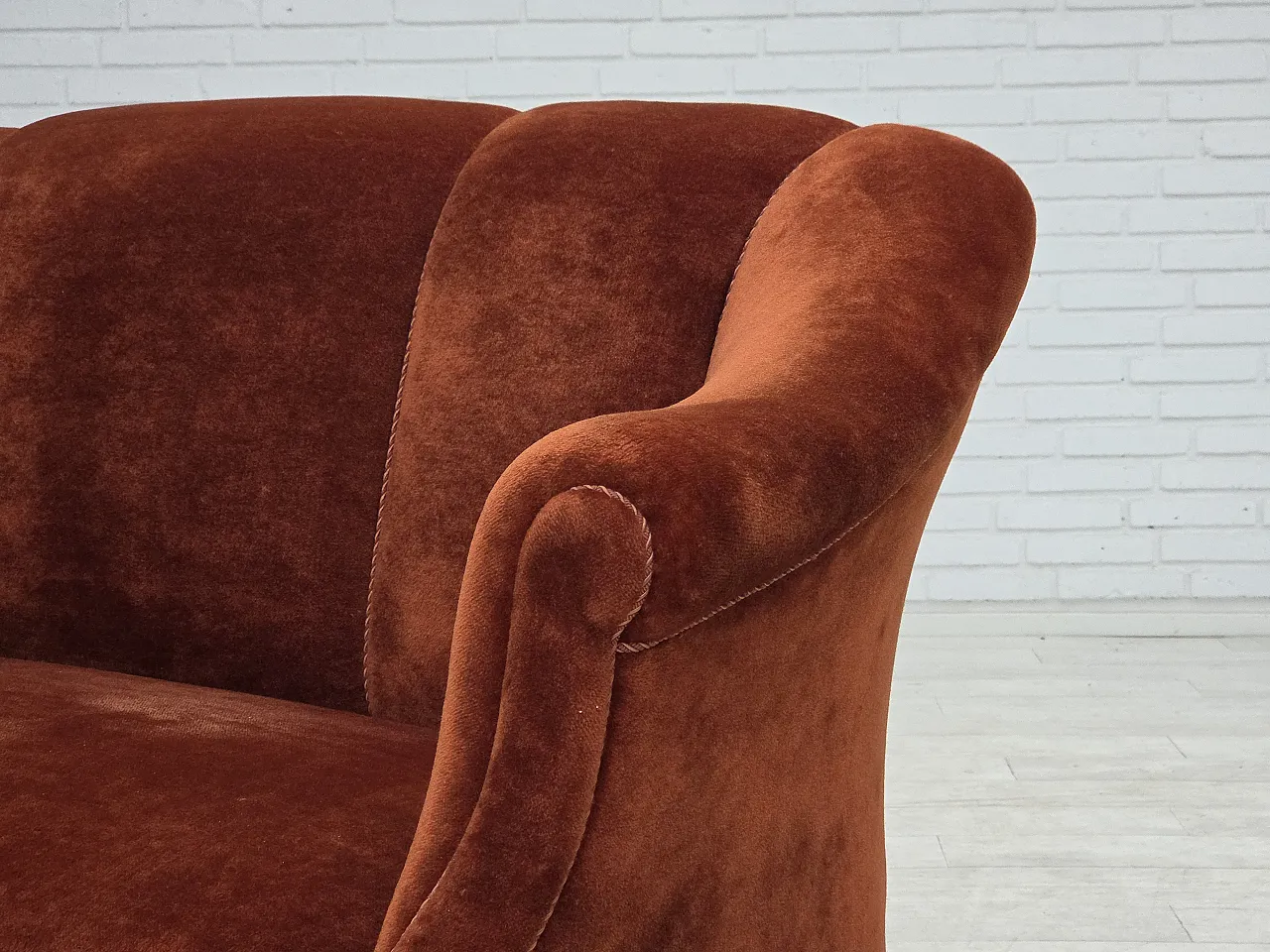 1950s, Danish 2-seater sofa, furniture velour, oak wood legs. 19