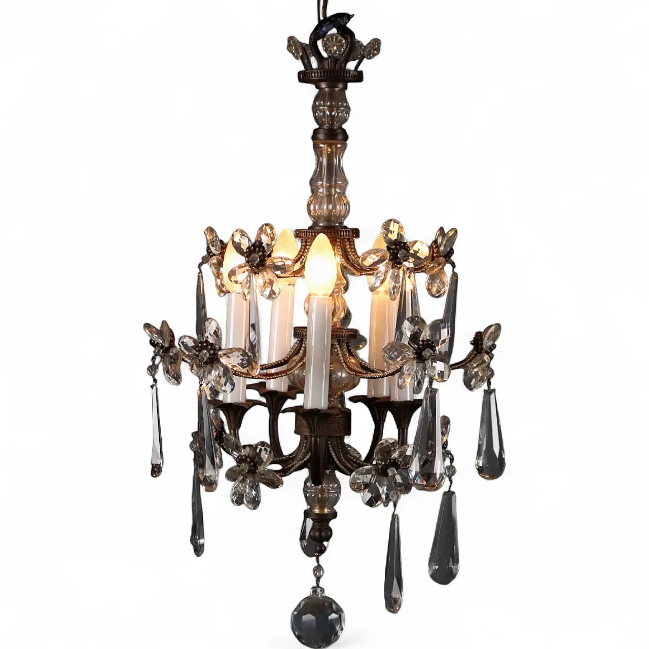 Lampadario con struttura in metallo e vetro trasparente, fine '800 10