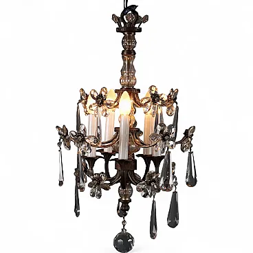 Lampadario con struttura in metallo e vetro trasparente, fine '800