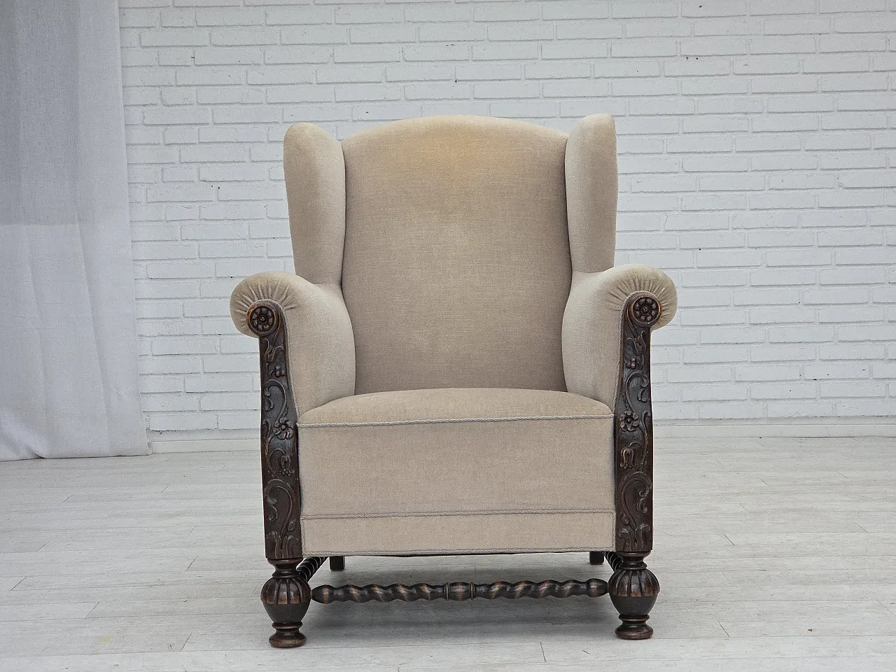 Danish wingback armchair, velour, carved oak wood, 1960s 2