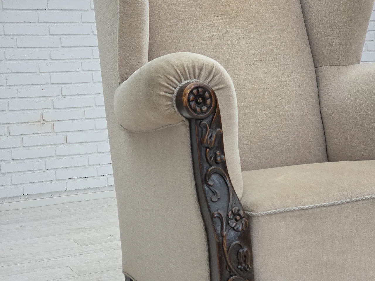 Danish wingback armchair, velour, carved oak wood, 1960s 3