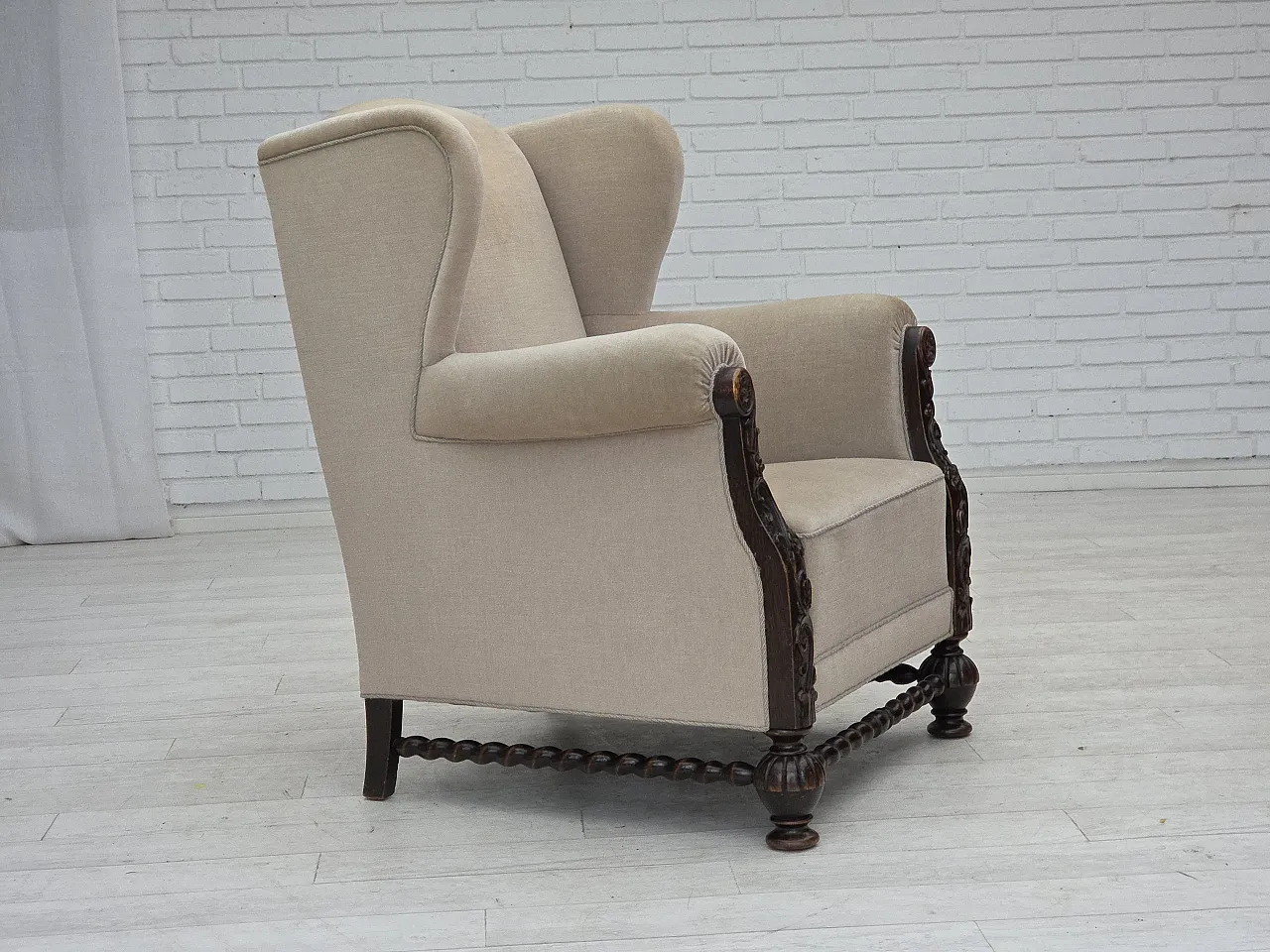 Danish wingback armchair, velour, carved oak wood, 1960s 6