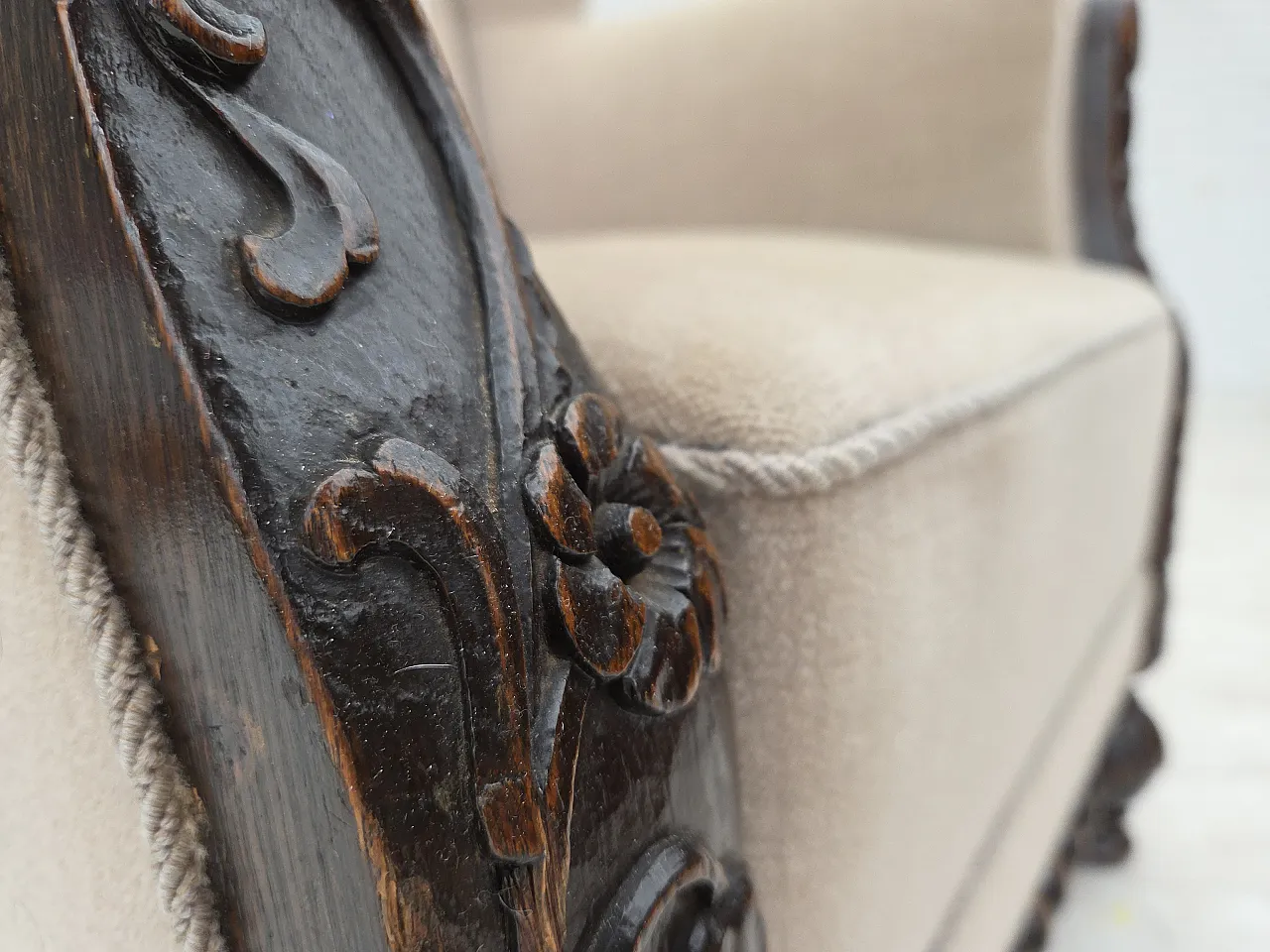 Danish wingback armchair, velour, carved oak wood, 1960s 7