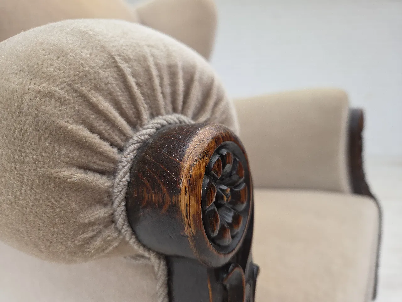 Danish wingback armchair, velour, carved oak wood, 1960s 8