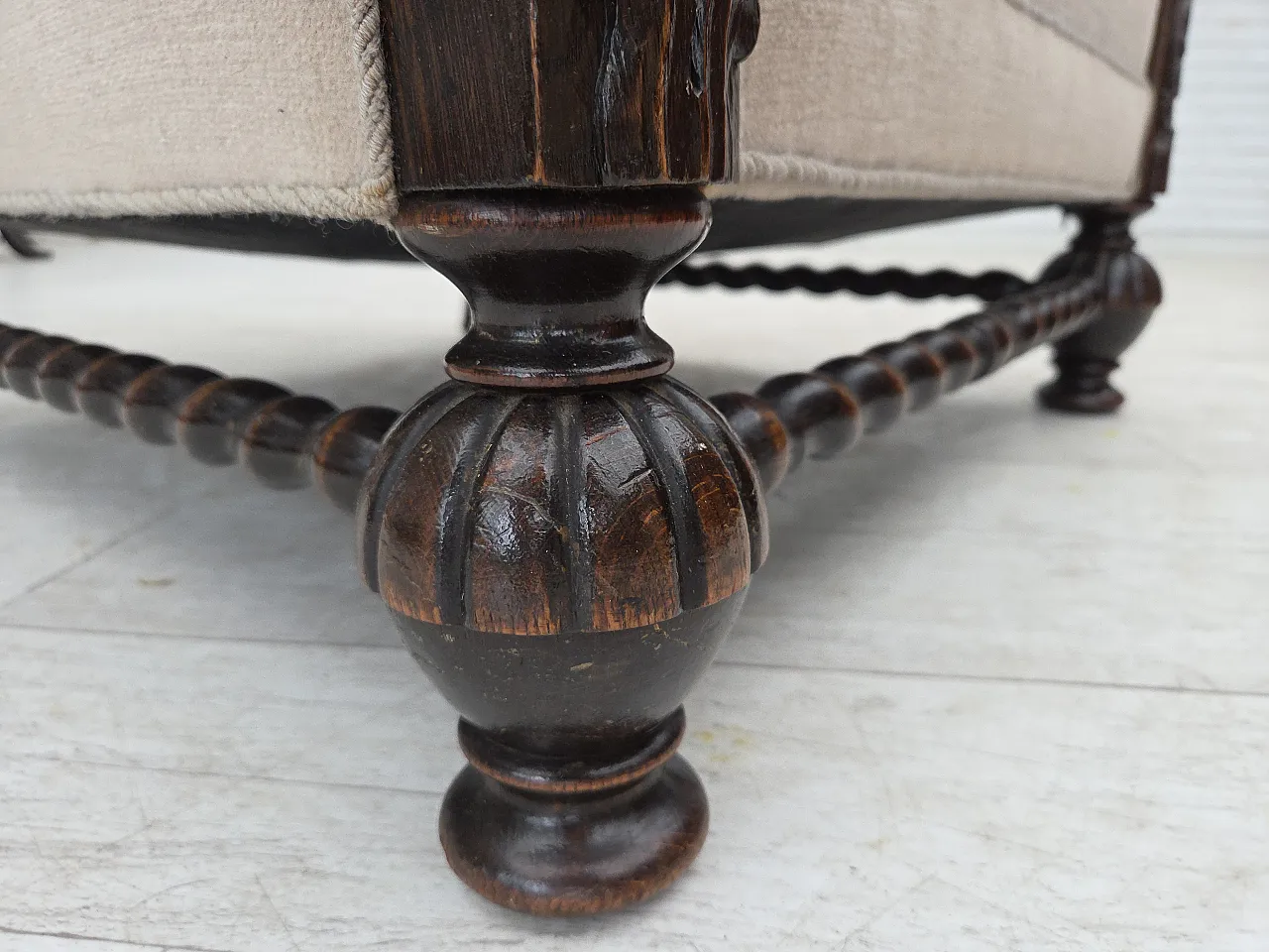 Danish wingback armchair, velour, carved oak wood, 1960s 9