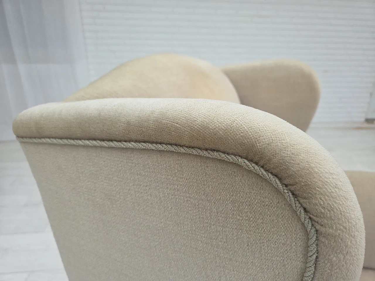 Danish wingback armchair, velour, carved oak wood, 1960s 10