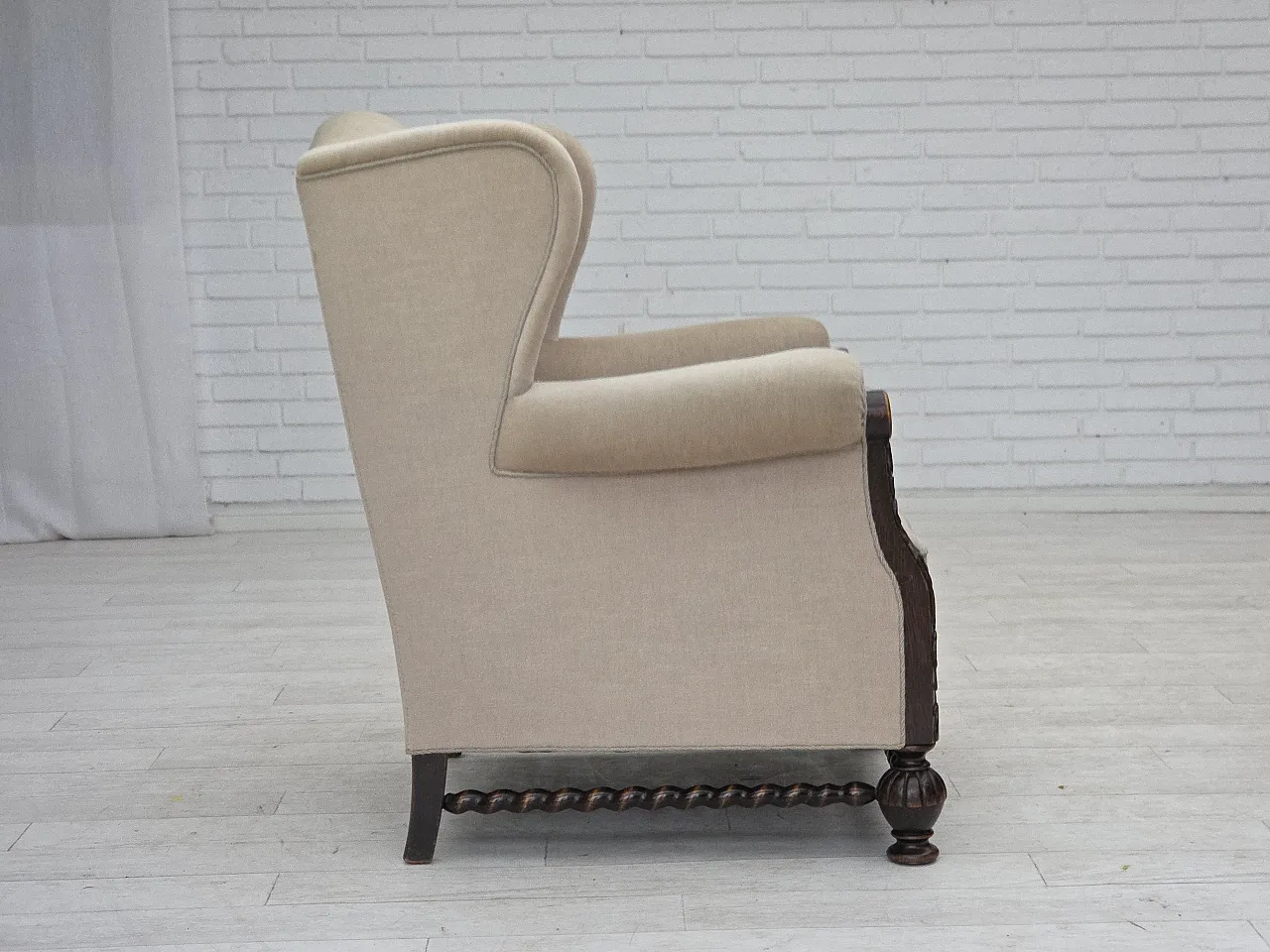 Danish wingback armchair, velour, carved oak wood, 1960s 11