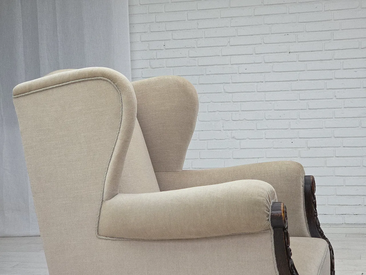 Danish wingback armchair, velour, carved oak wood, 1960s 12