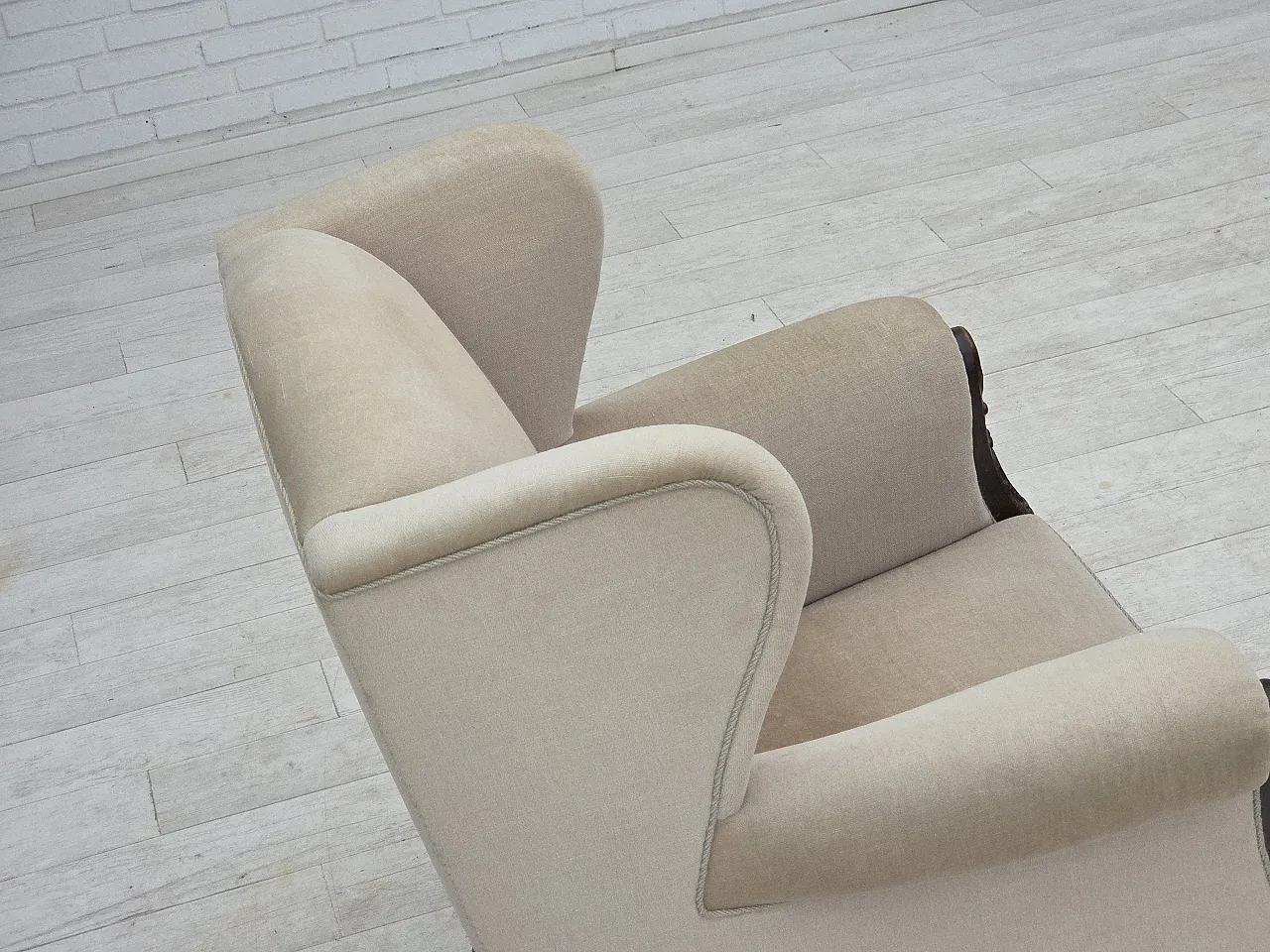 Danish wingback armchair, velour, carved oak wood, 1960s 13