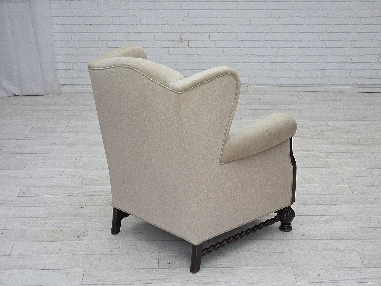 Danish wingback armchair, velour, carved oak wood, 1960s 14