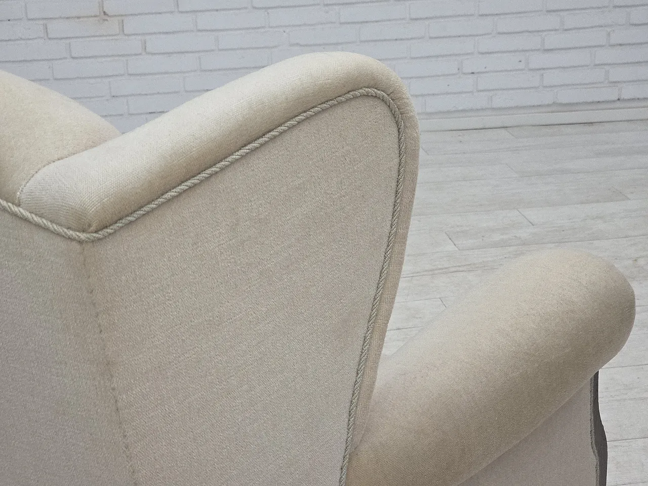 Danish wingback armchair, velour, carved oak wood, 1960s 15