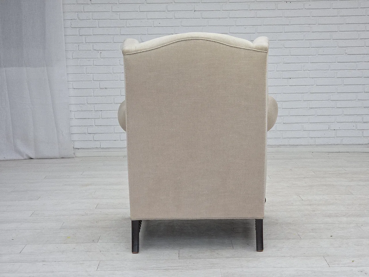 Danish wingback armchair, velour, carved oak wood, 1960s 16