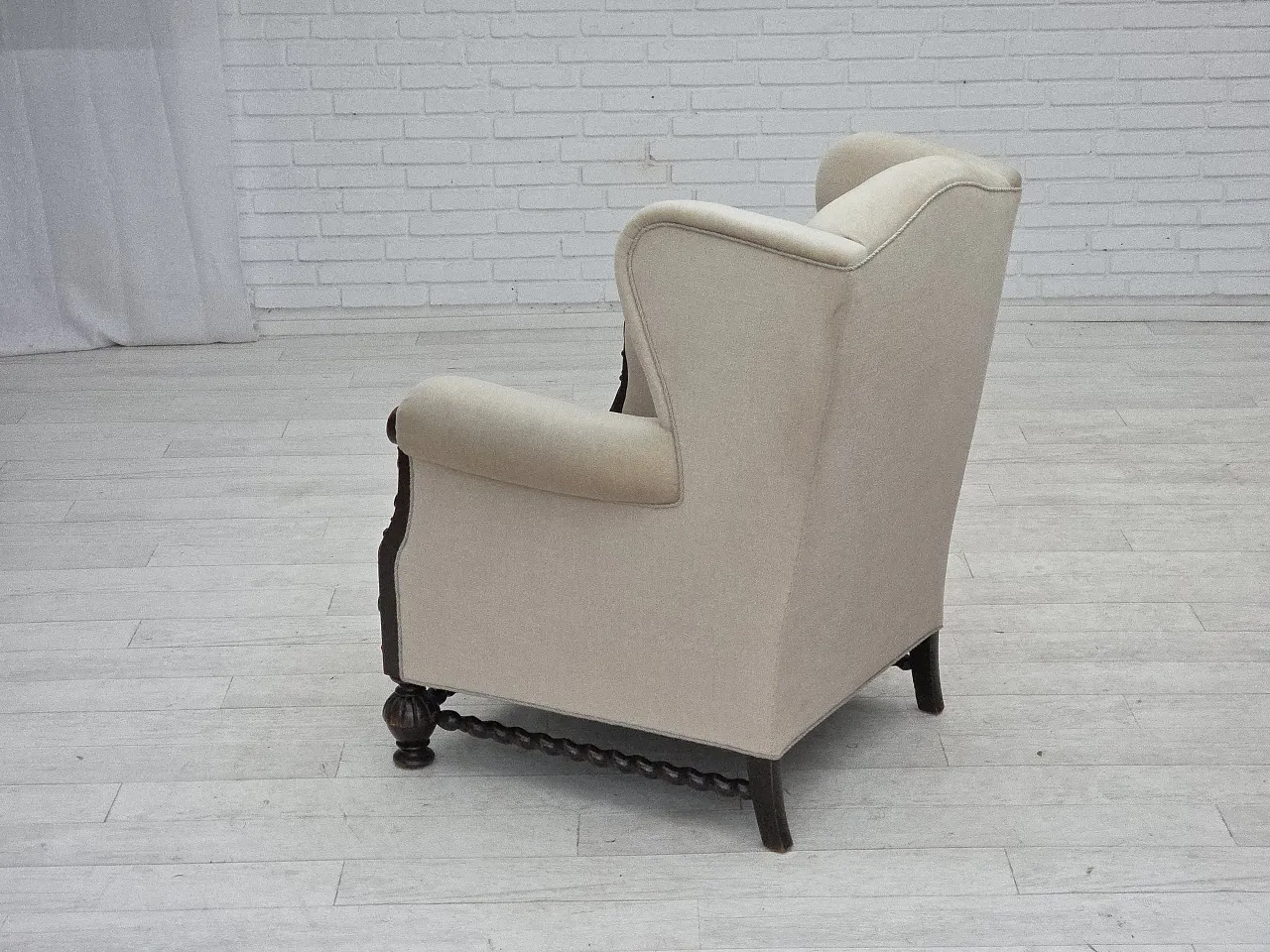 Danish wingback armchair, velour, carved oak wood, 1960s 17