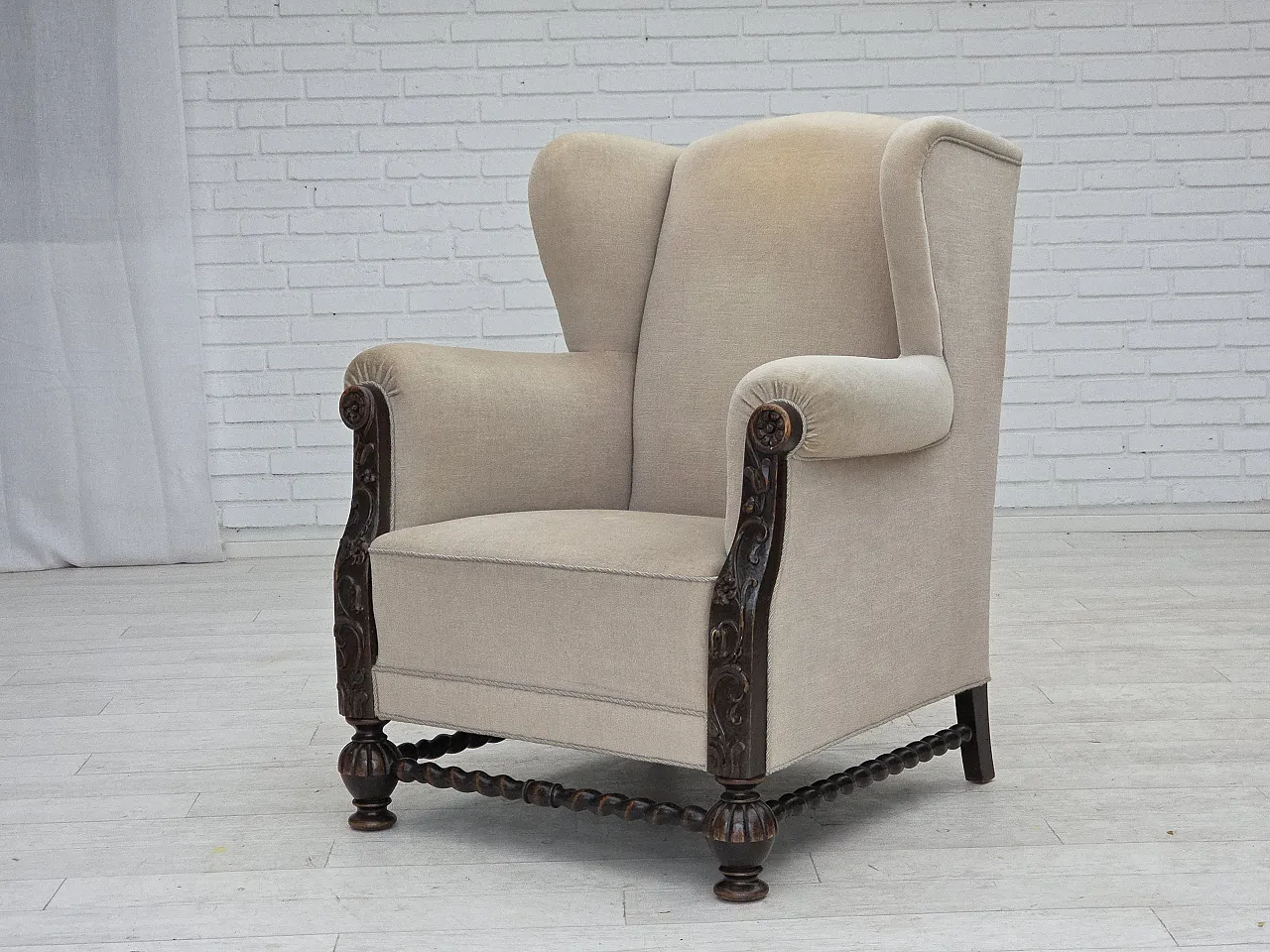 Danish wingback armchair, velour, carved oak wood, 1960s 18