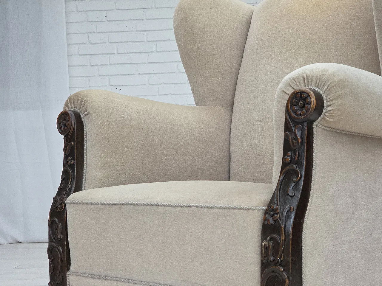 Danish wingback armchair, velour, carved oak wood, 1960s 19