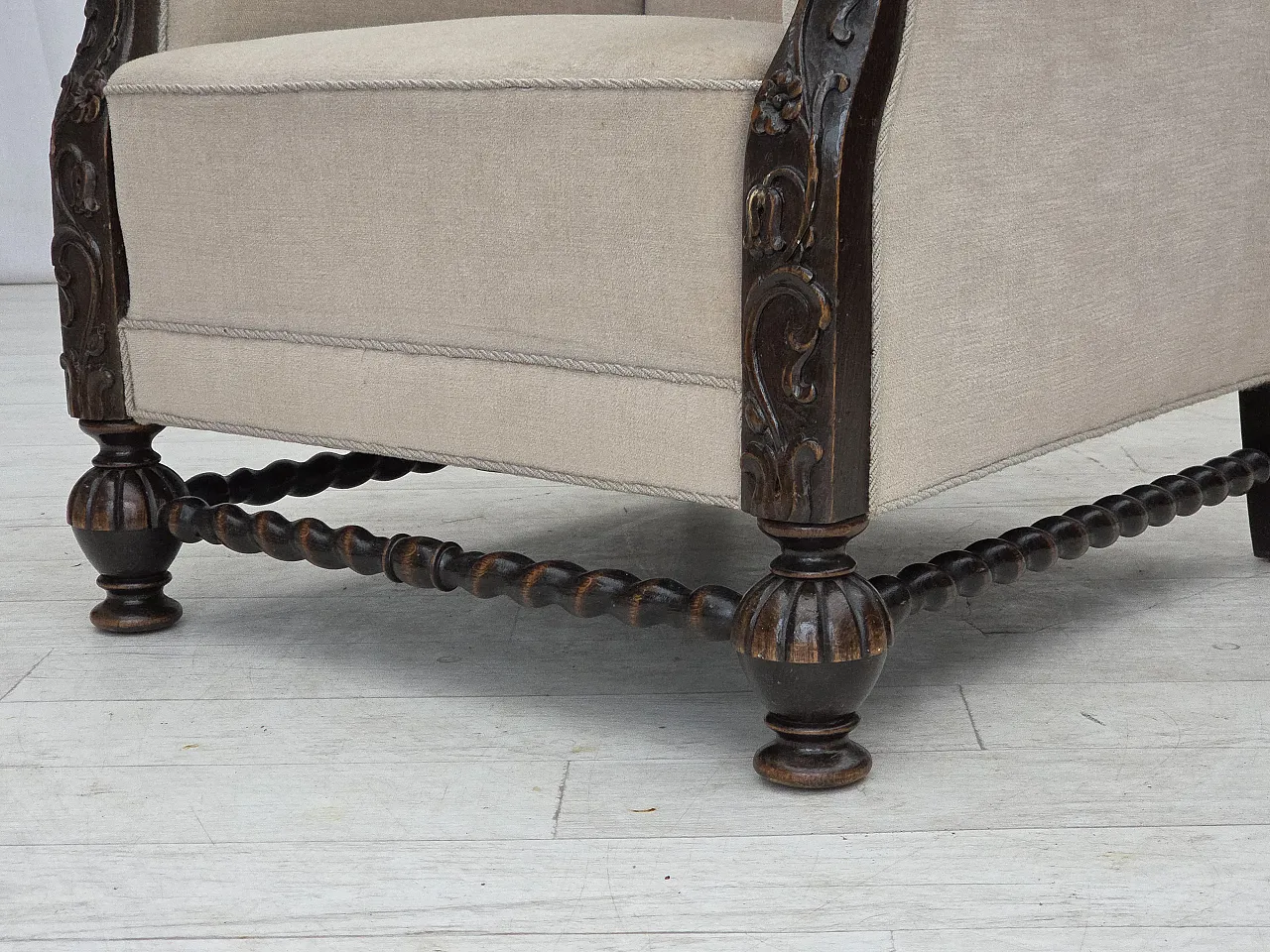 Danish wingback armchair, velour, carved oak wood, 1960s 20