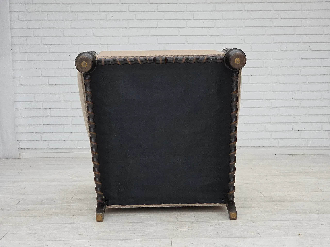 Danish wingback armchair, velour, carved oak wood, 1960s 21