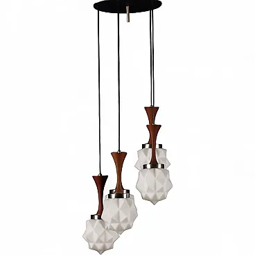 Lampadario in vetro, legno di teak e dettagli in metallo, '900