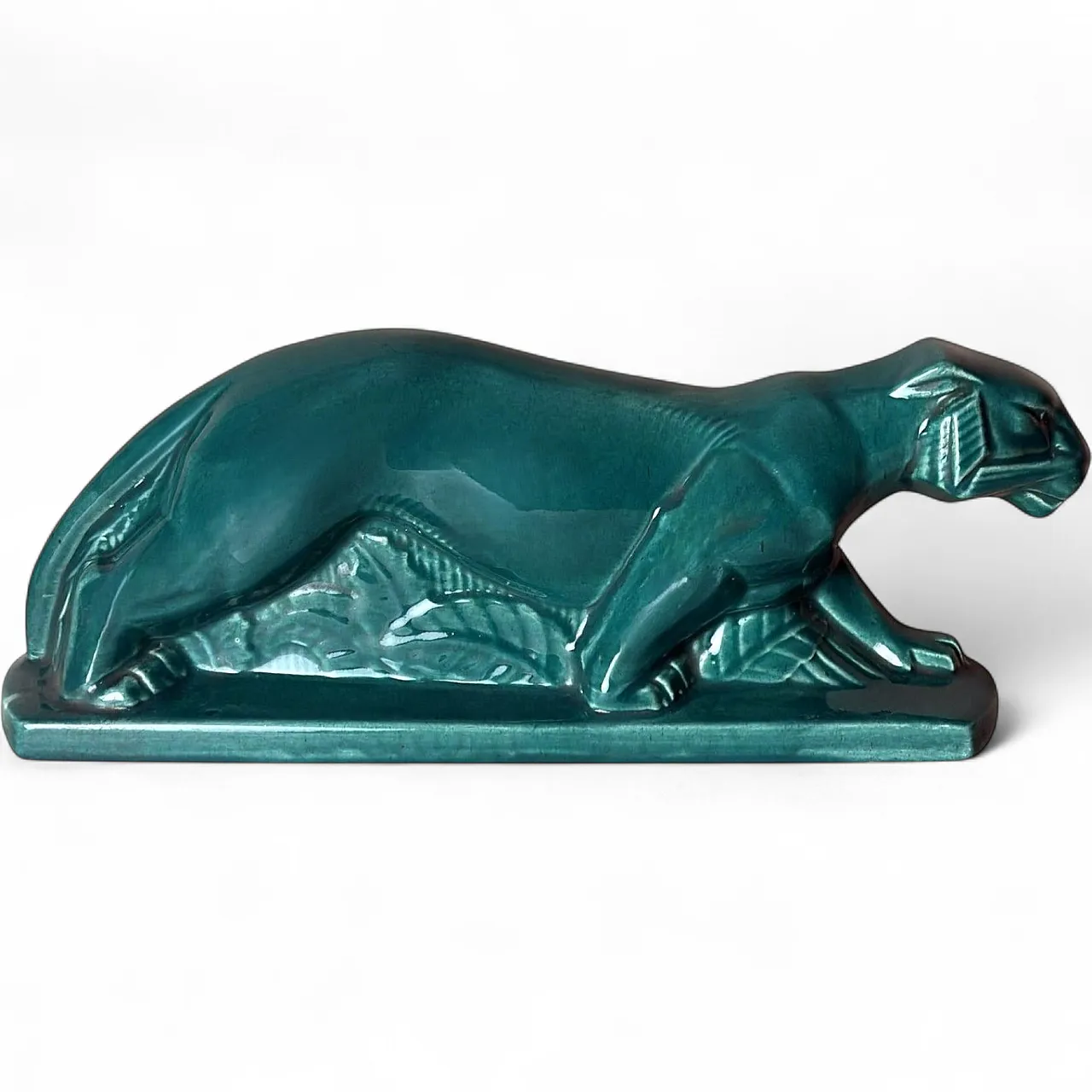Art Deco Saint-Clément style panther green-glazed ceramic,20th century 20