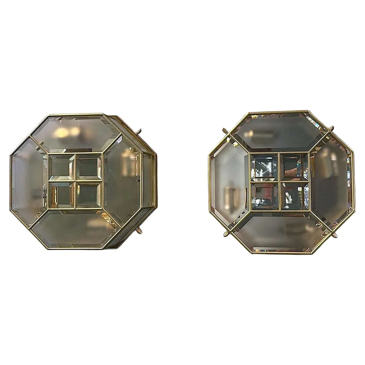 Mid-Century Modern brass and satin glass ceiling lights pair, 1970s 1