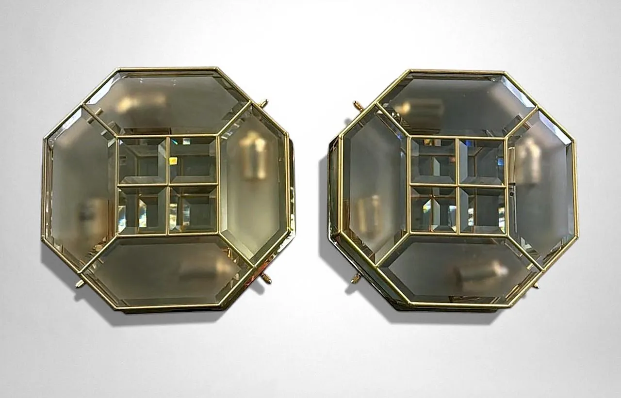 Mid-Century Modern brass and satin glass ceiling lights pair, 1970s 2
