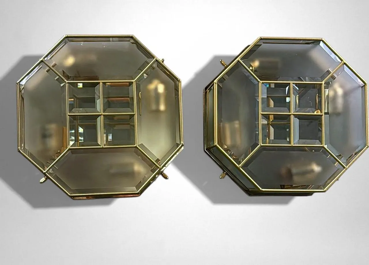 Mid-Century Modern brass and satin glass ceiling lights pair, 1970s 3