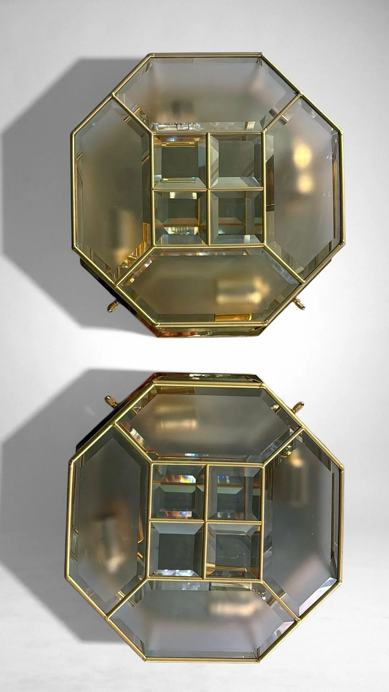 Mid-Century Modern brass and satin glass ceiling lights pair, 1970s 4