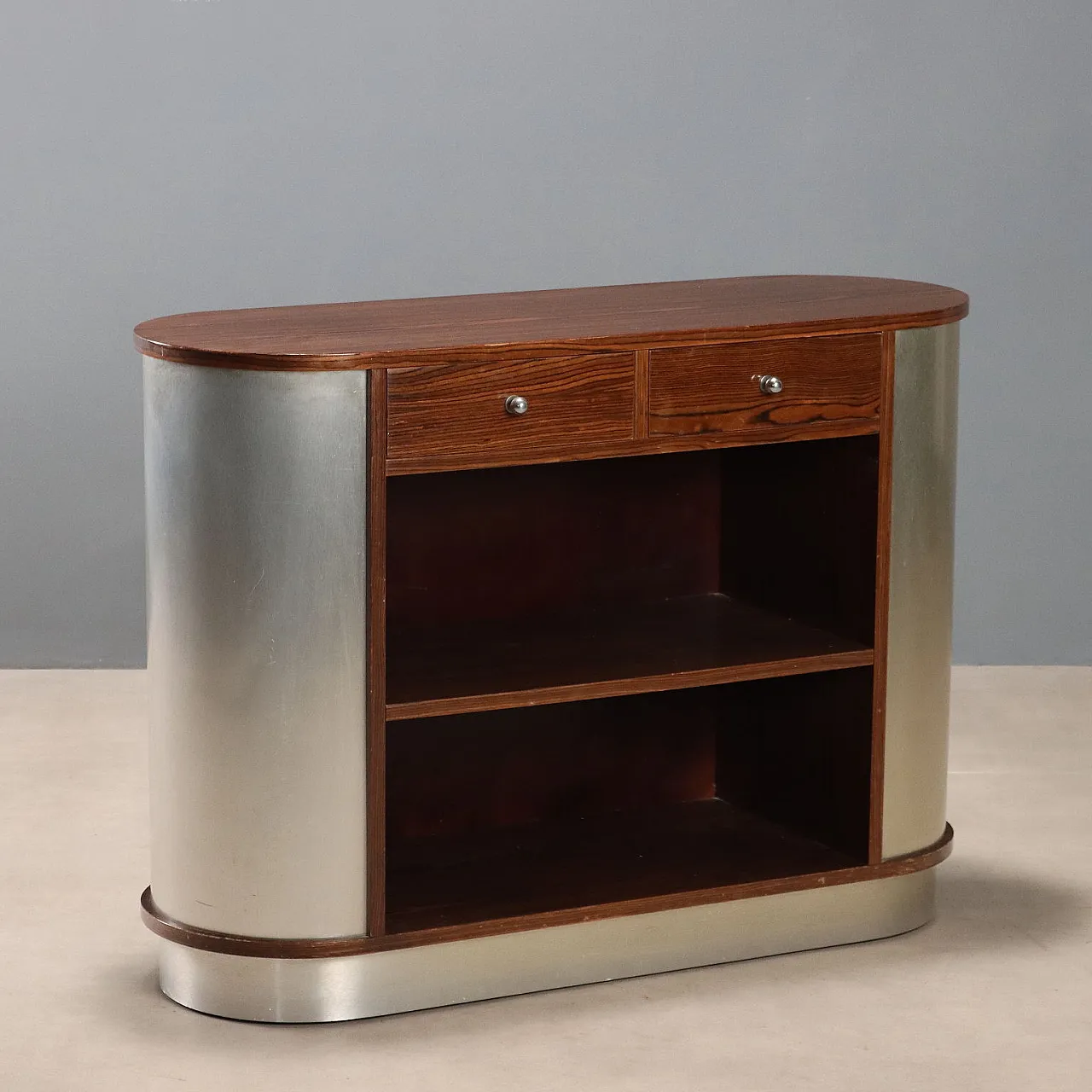 Exotic wood veneer console table with aluminum base, 20th century 1