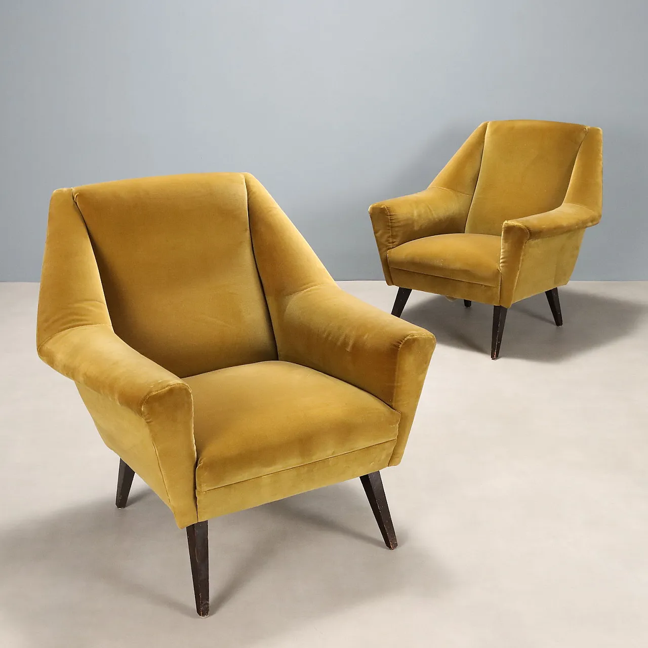 Pair of armchairs in velvet, foam and wood, 1960s 1