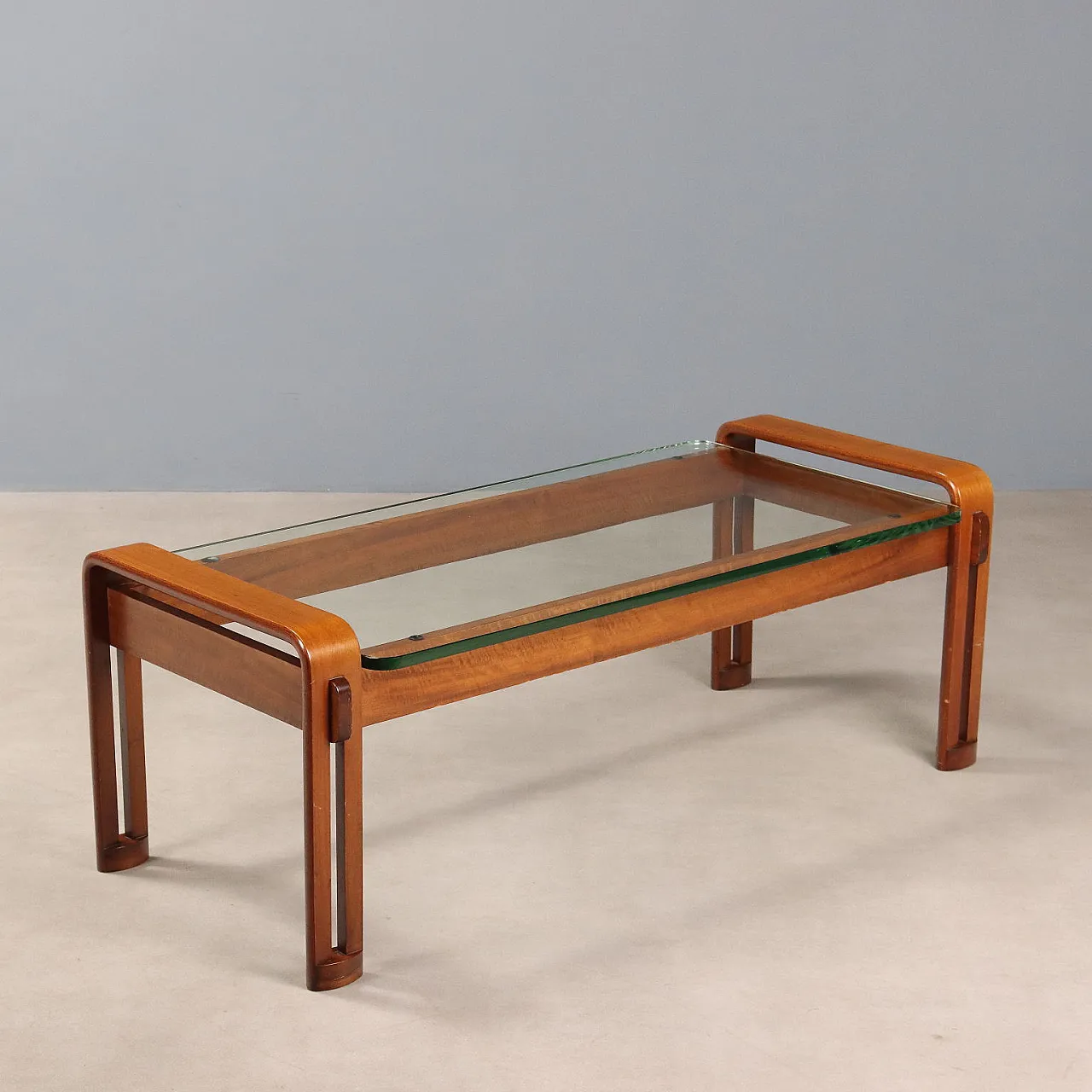 Coffee table with wooden frame and rectangular glass top, 20th century 1