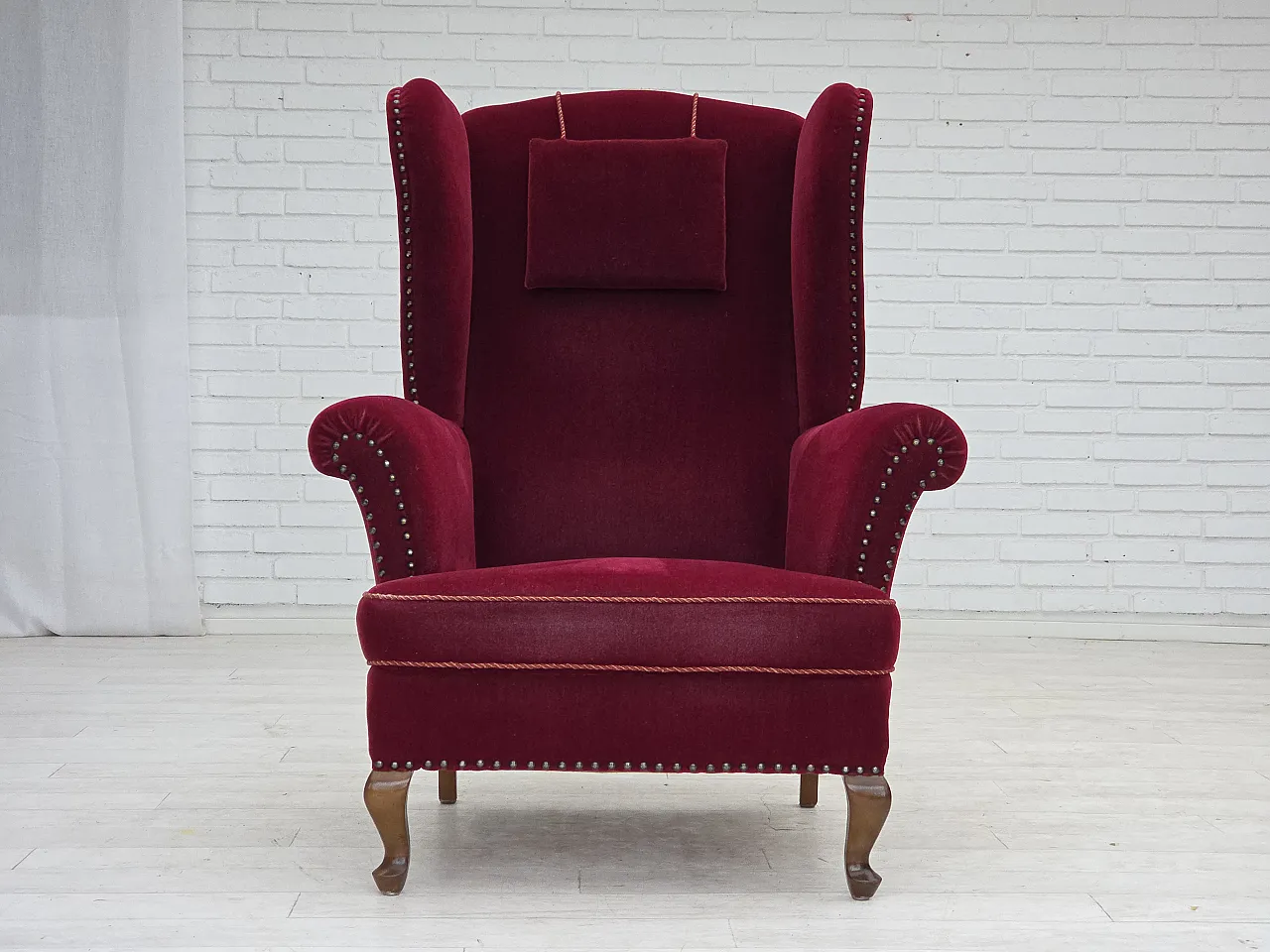 Danish highback wingback armchair, cherry-red velour, 1960s 1
