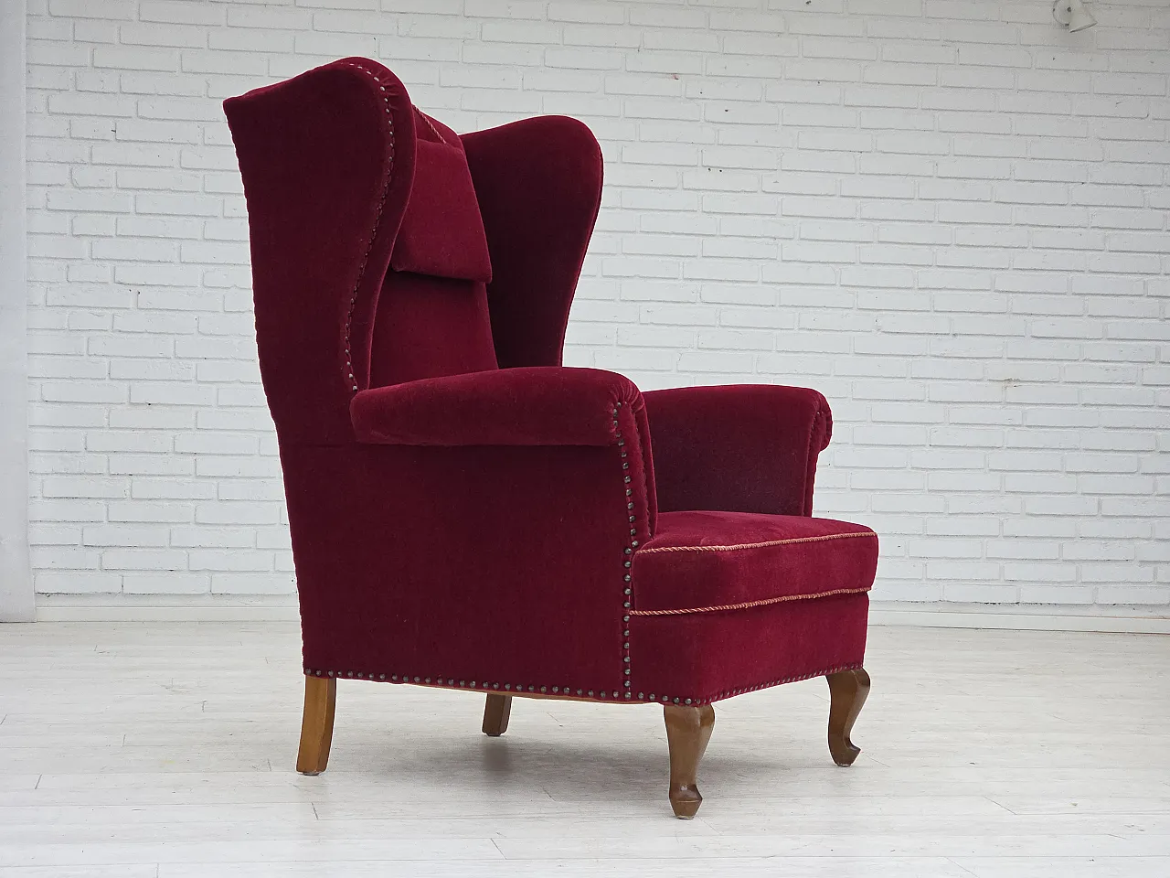 Danish highback wingback armchair, cherry-red velour, 1960s 2