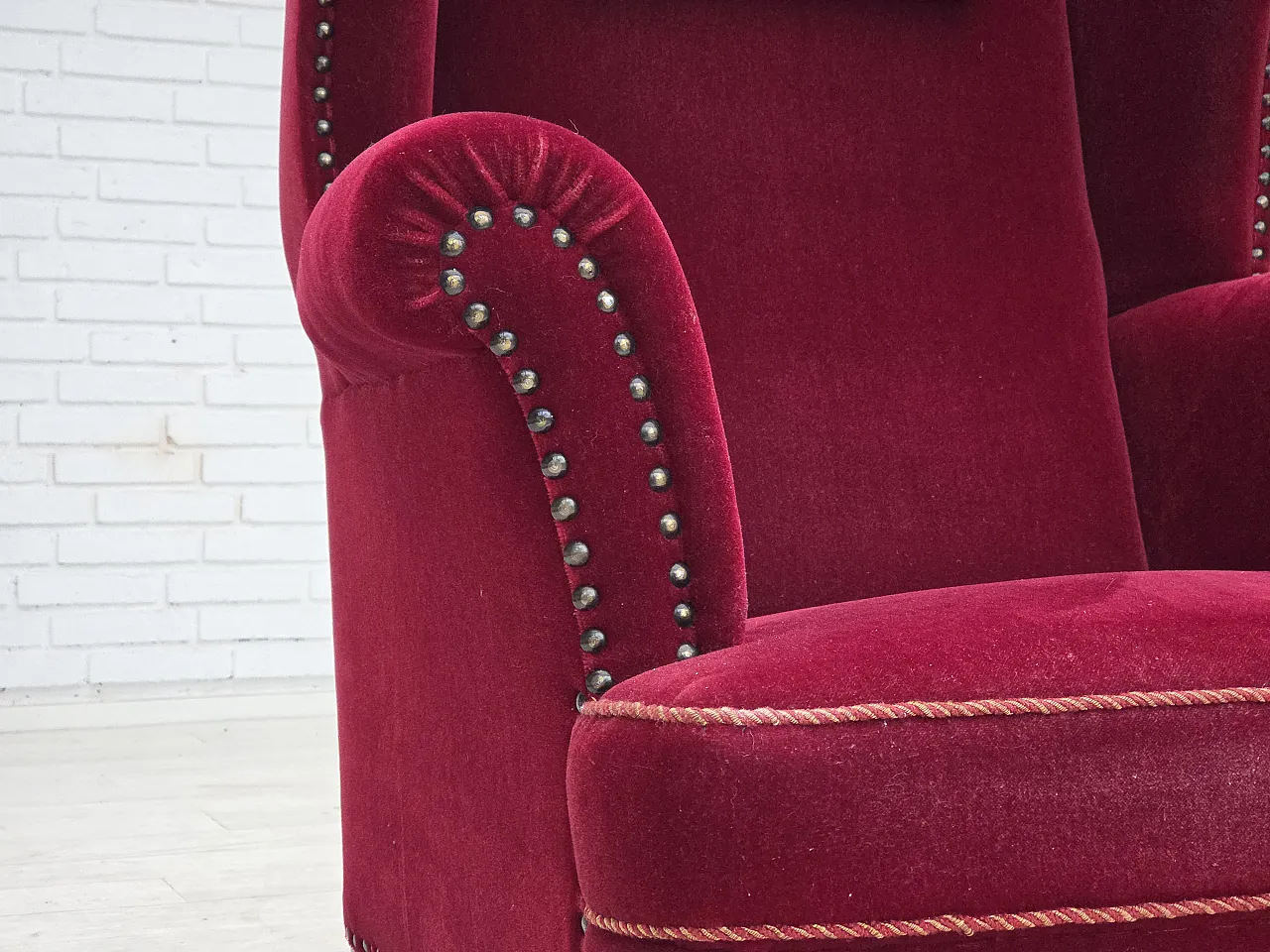 Danish highback wingback armchair, cherry-red velour, 1960s 4