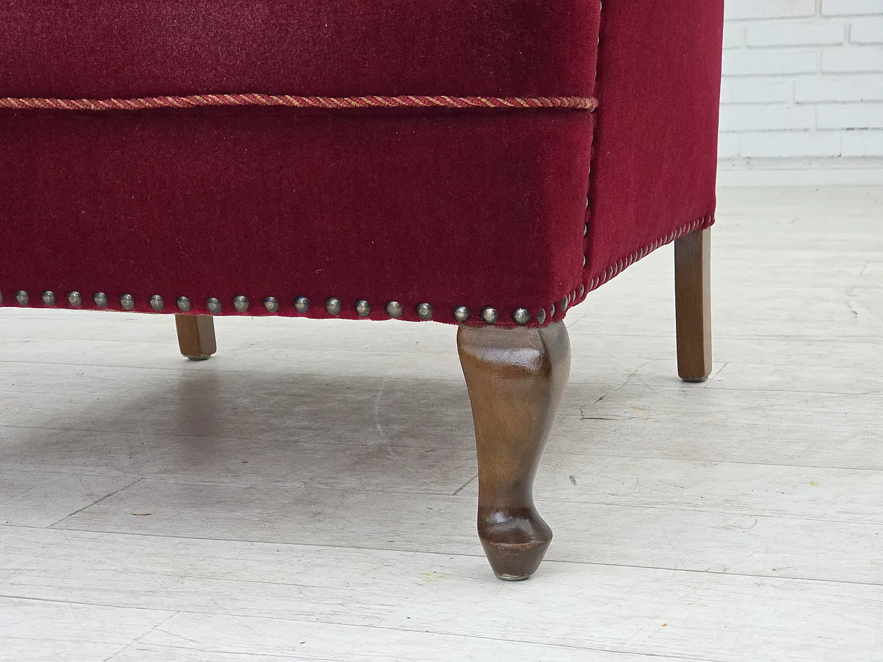 Danish highback wingback armchair, cherry-red velour, 1960s 5