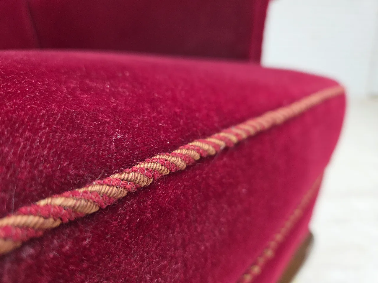 Danish highback wingback armchair, cherry-red velour, 1960s 6