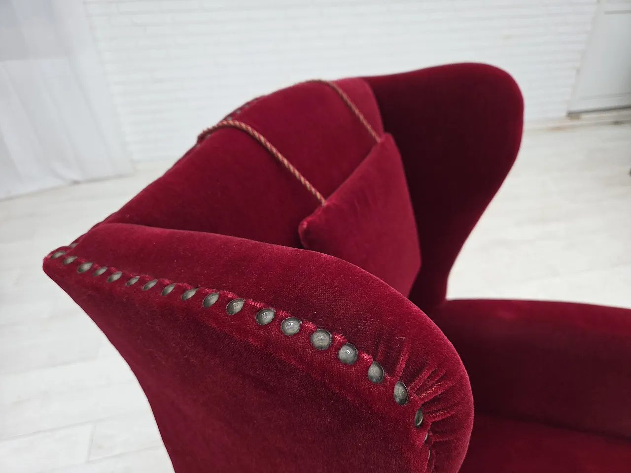 Danish highback wingback armchair, cherry-red velour, 1960s 7