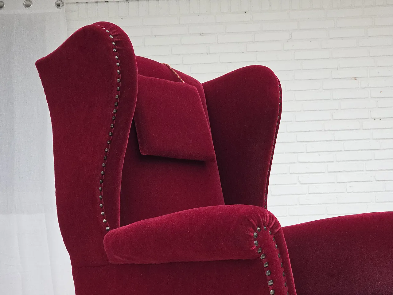 Danish highback wingback armchair, cherry-red velour, 1960s 8