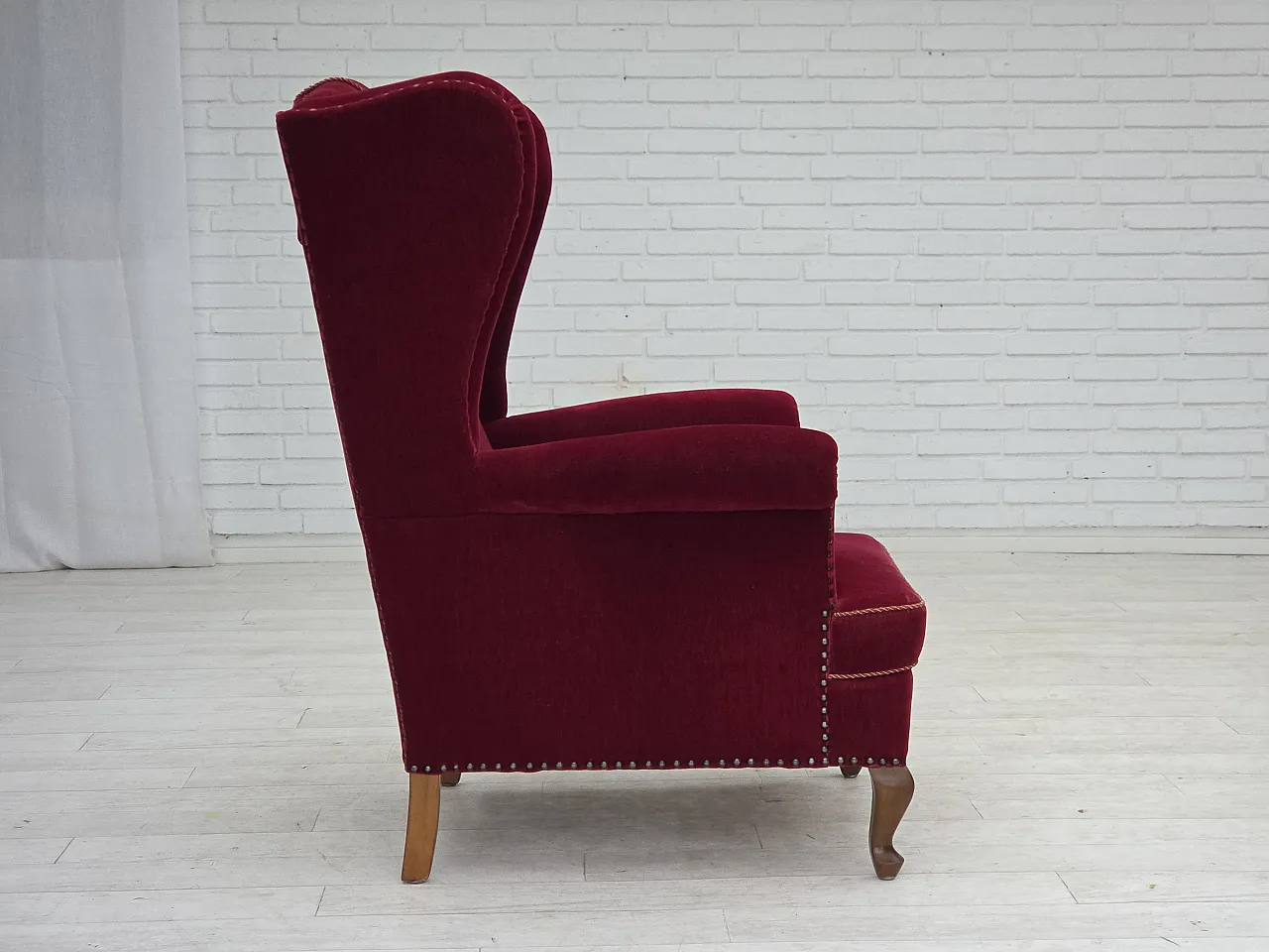 Danish highback wingback armchair, cherry-red velour, 1960s 9