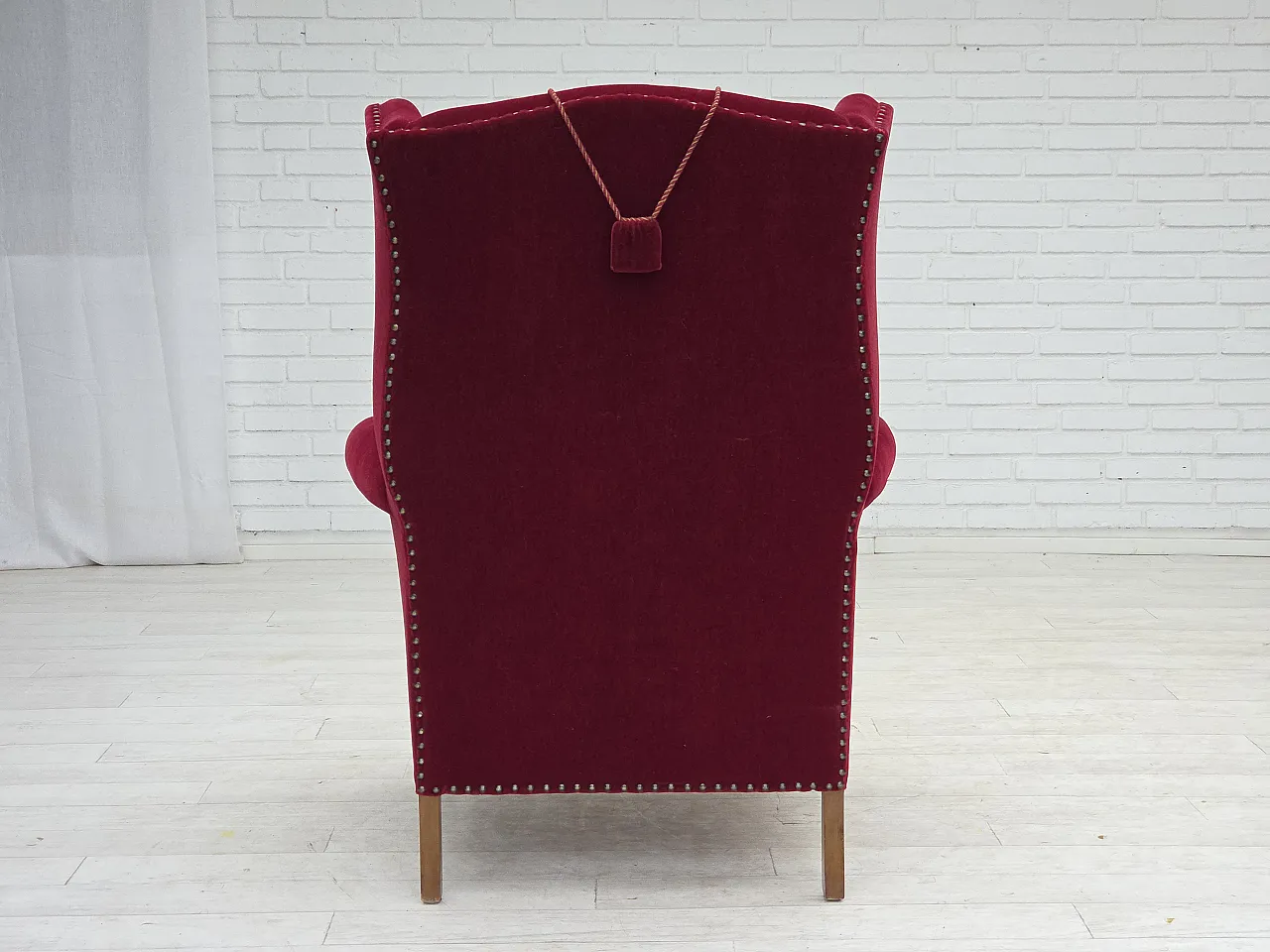 Danish highback wingback armchair, cherry-red velour, 1960s 10