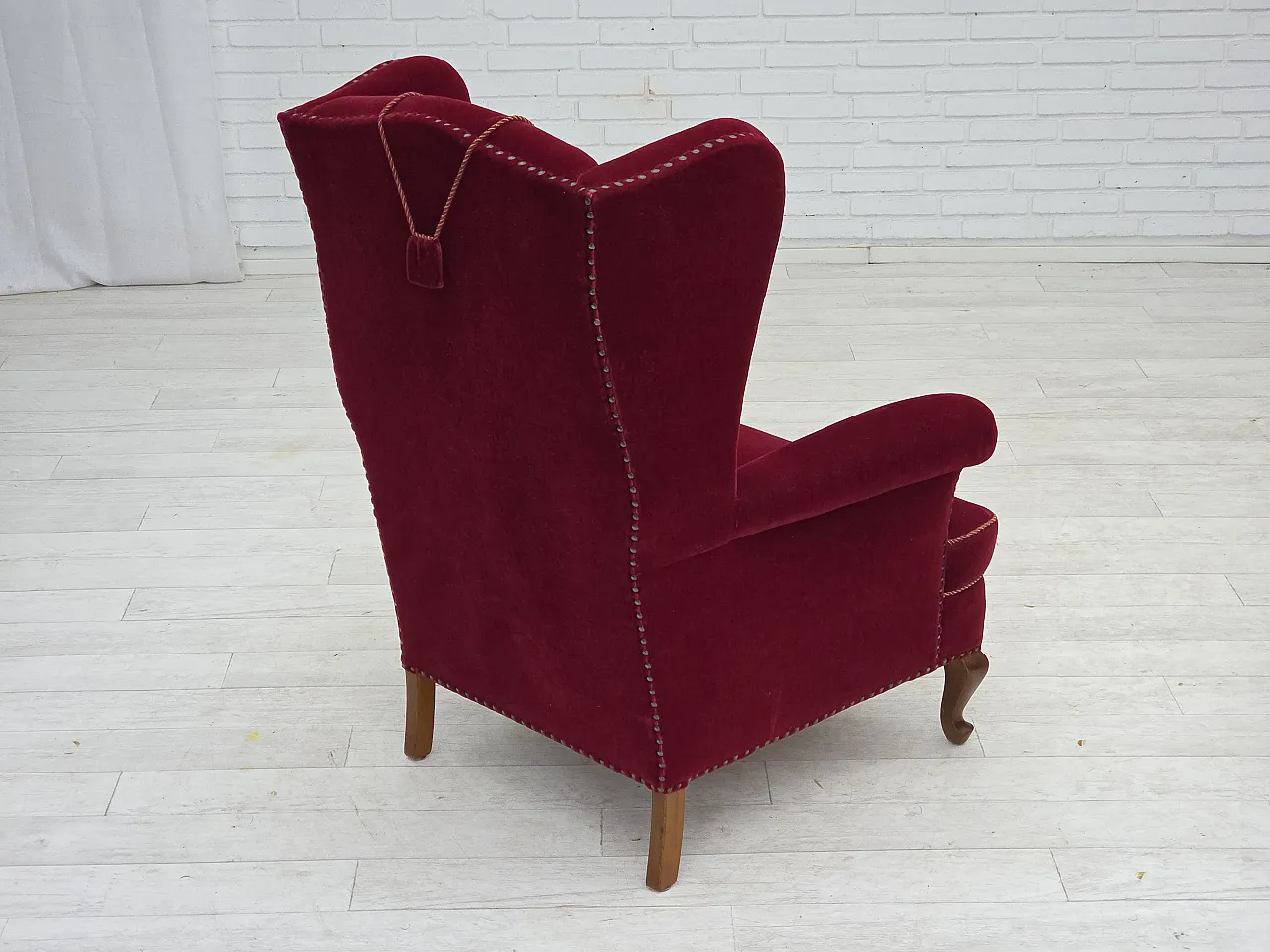 Danish highback wingback armchair, cherry-red velour, 1960s 11