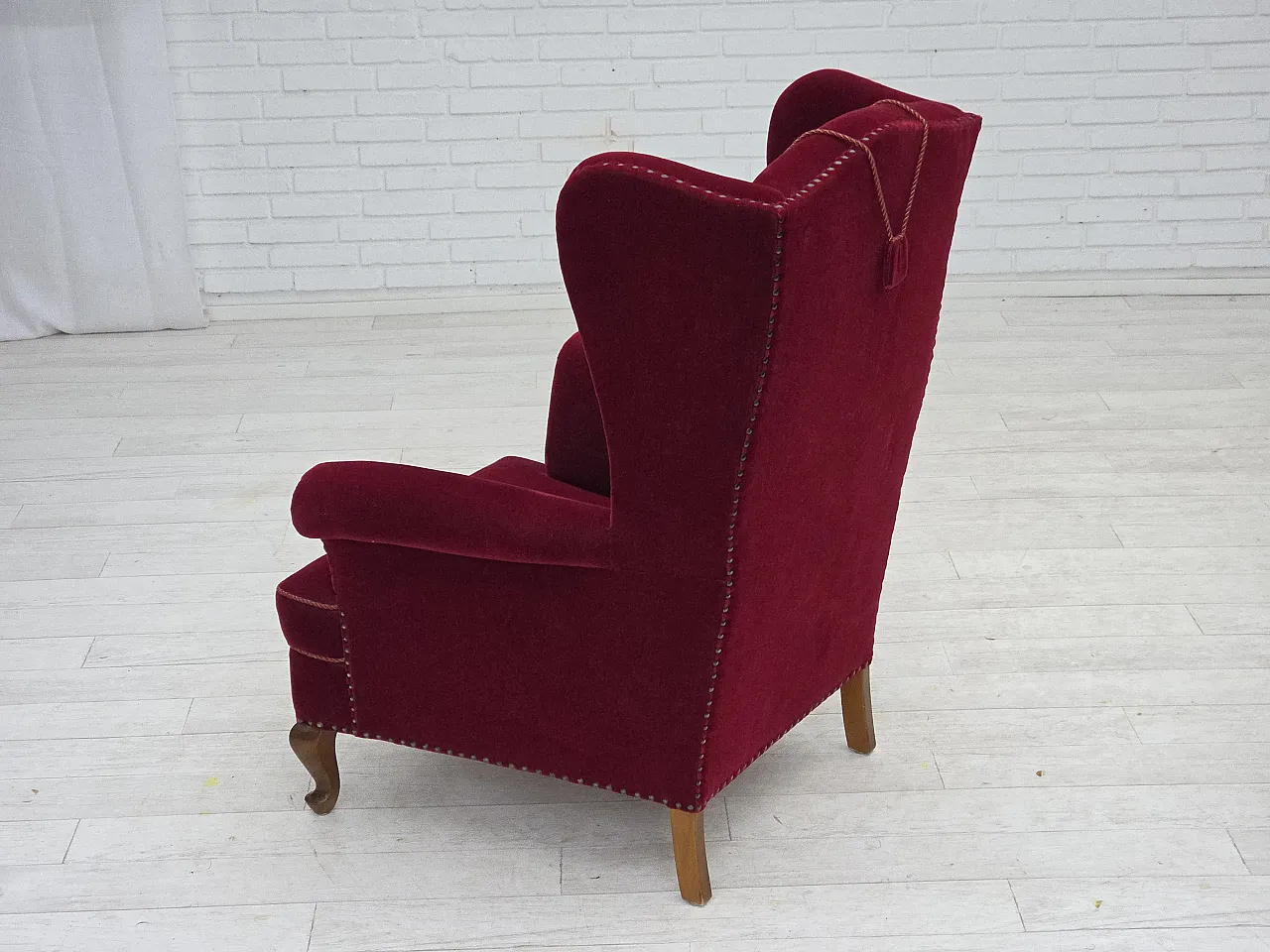 Danish highback wingback armchair, cherry-red velour, 1960s 12