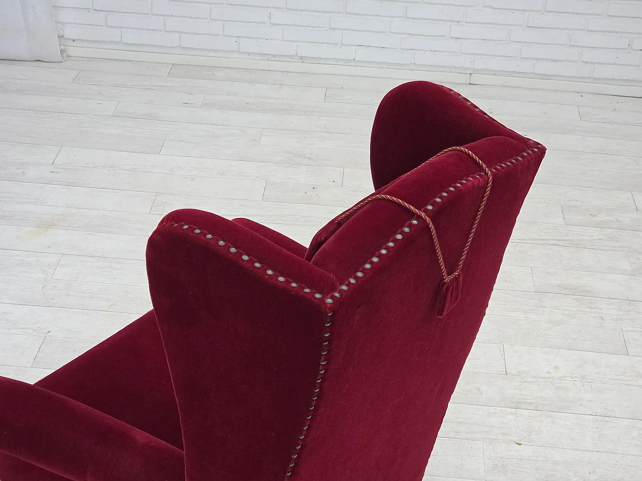 Danish highback wingback armchair, cherry-red velour, 1960s 13