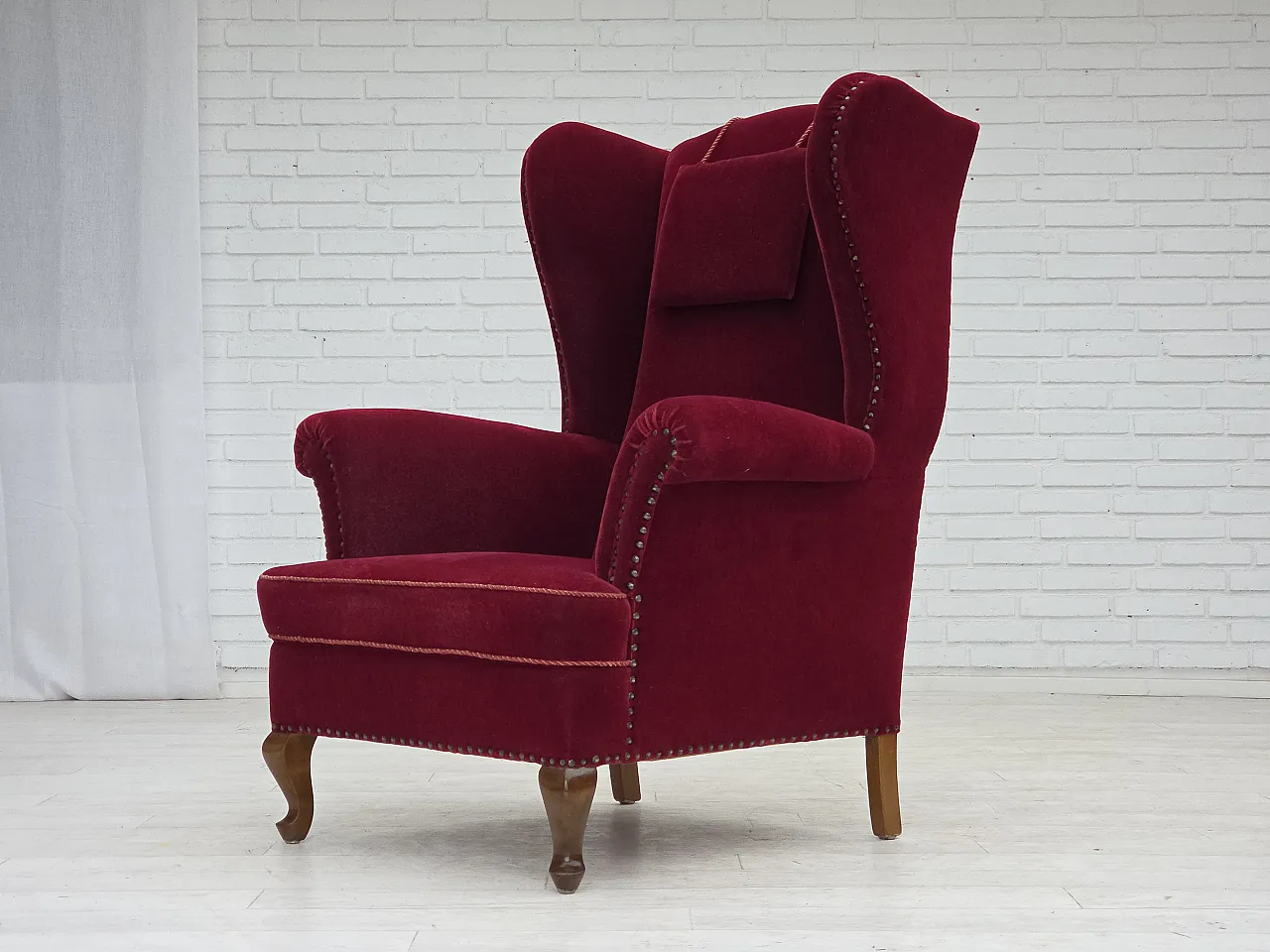 Danish highback wingback armchair, cherry-red velour, 1960s 14