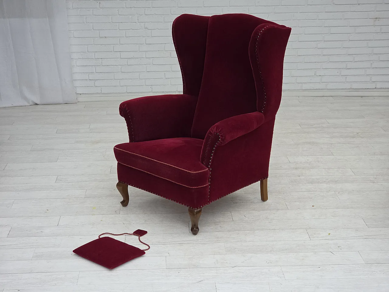 Danish highback wingback armchair, cherry-red velour, 1960s 15